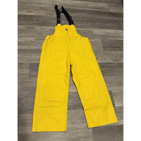 Carhartt Bib Overalls Mens Large Yellow Waterproof Vinyl Rain Pants Workwear - Picture 1 of 8